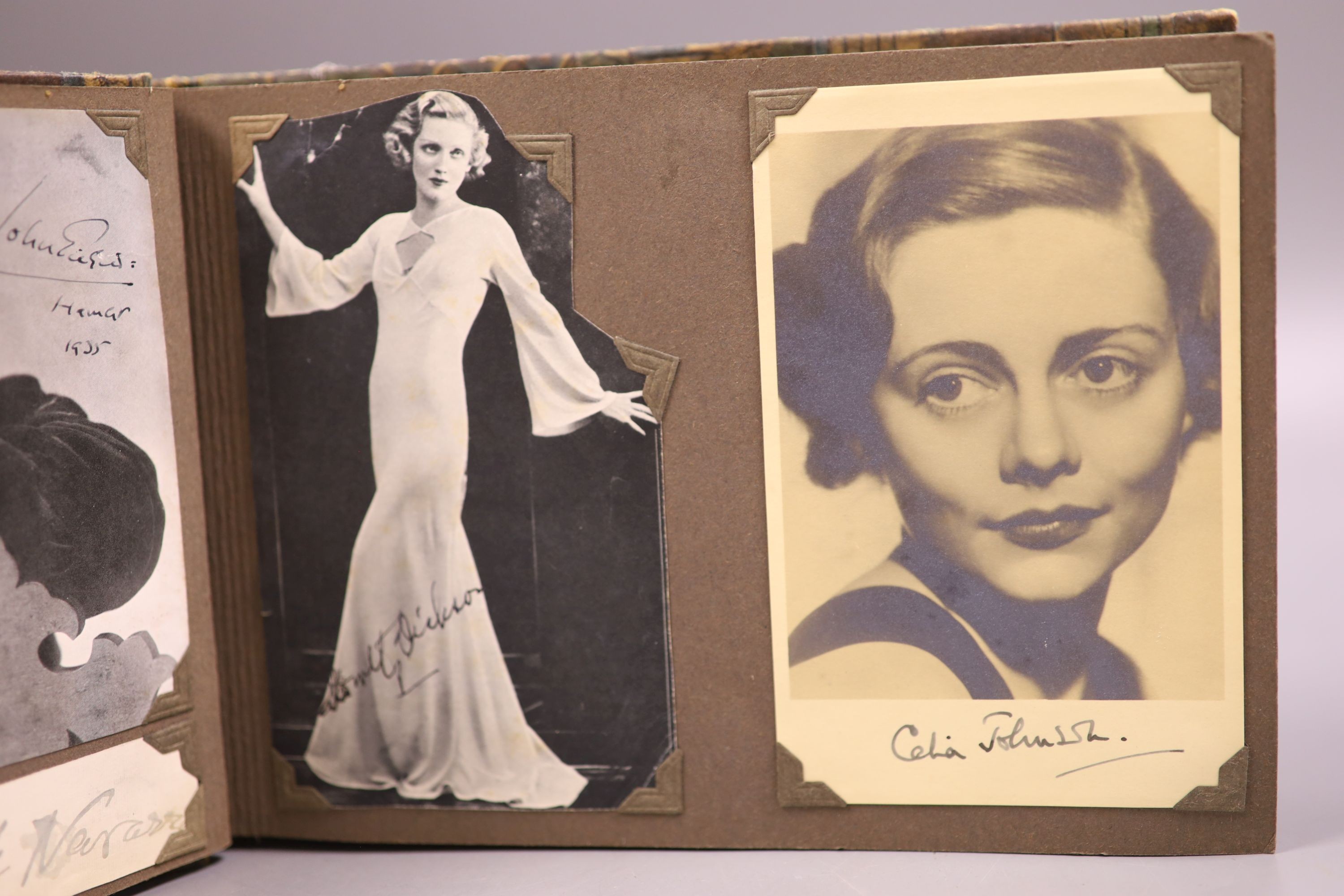 An album of 1930s monochrome postcards including film stars, some signed, letter and other signatures
